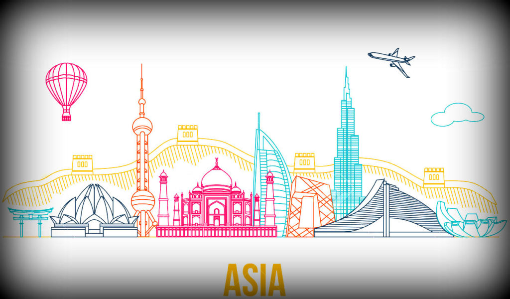 Asia travel background with place for text. Isolated Asian outlined sightseeings and symbols. Skyline detailed silhouettes. Vector illustration.